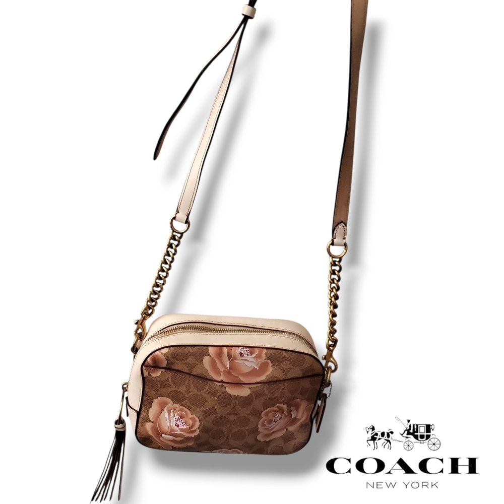 Coach 31695 Rose Print Coated Canvas Crossbody Camera Bag with Leather Tassel - Picture 4 of 17